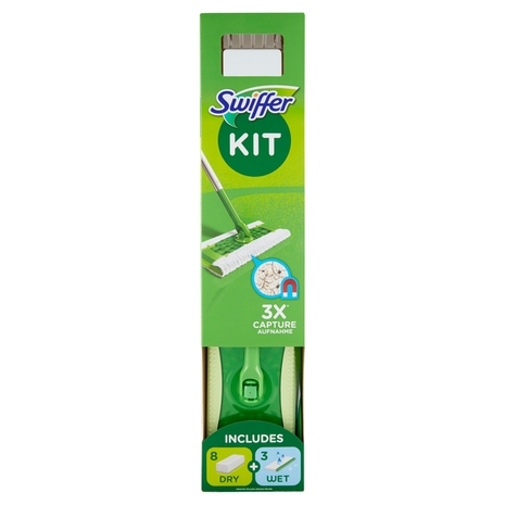 Swiffer Starter Kit Preassemblato-Scopa con 1Manico+8Panni Catturapolvere+3Panni Umidi Lavapavimenti